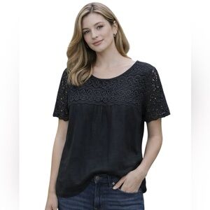 J. CREW Women's Linen Lace Short Sleeve Top Blouse Black Size 6